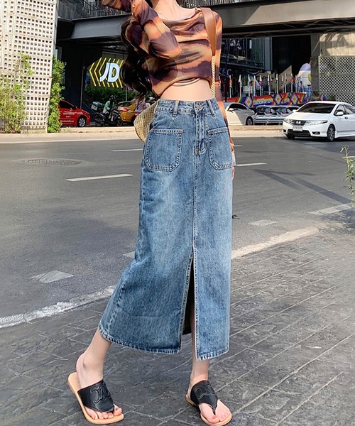 aimoha（アイモハ）の「フロントスリットデニムロングスカート（デニムスカート・レディース・ブルー/ピンク・LARGE/MEDIUM/SMALL/X-SMALL）」の4枚目の写真