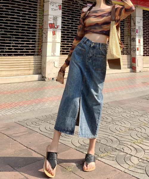 aimoha（アイモハ）の「フロントスリットデニムロングスカート（デニムスカート・レディース・ブルー/ピンク・LARGE/MEDIUM/SMALL/X-SMALL）」の5枚目の写真