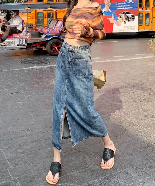 aimoha（アイモハ）の「フロントスリットデニムロングスカート（デニムスカート・レディース・ブルー/ピンク・LARGE/MEDIUM/SMALL/X-SMALL）」の6枚目の写真