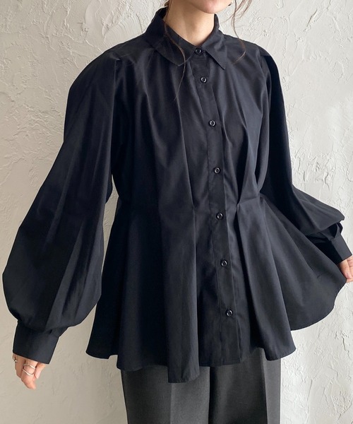 She's Closet(シーズクローゼット)の「長袖 フレア ペプラム 襟付き ウエストタックシャツ ブラウス(シャツ/ブラウス・レディース・ブラック/オフホワイト/ブルー・FREE)」の2枚目の写真
