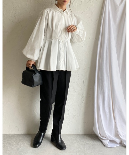 セール】長袖フレアペプラム襟付きウエストタックシャツブラウス