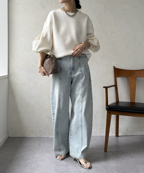 DouDou(ドゥドゥ)の「【WEB限定】レーススリーブダンボールトップス(Tシャツ/カットソー・レディース・ベージュ/ブラック/オフホワイト・FREE)」の14枚目の写真