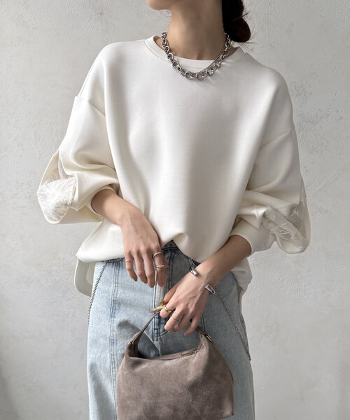DouDou(ドゥドゥ)の「【WEB限定】レーススリーブダンボールトップス(Tシャツ/カットソー・レディース・ベージュ/ブラック/オフホワイト・FREE)」の20枚目の写真