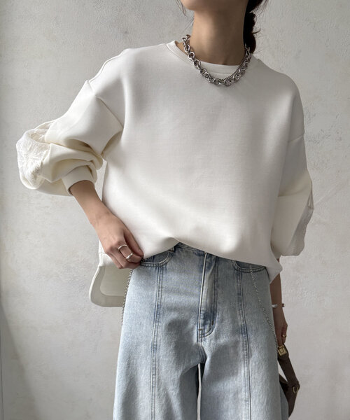 DouDou(ドゥドゥ)の「【WEB限定】レーススリーブダンボールトップス(Tシャツ/カットソー・レディース・ベージュ/ブラック/オフホワイト・FREE)」の21枚目の写真