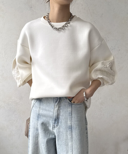 DouDou(ドゥドゥ)の「【WEB限定】レーススリーブダンボールトップス(Tシャツ/カットソー・レディース・ベージュ/ブラック/オフホワイト・FREE)」の22枚目の写真