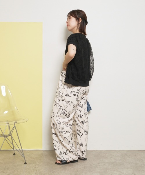 PGG カタカナロゴ　パンツ 手書きロゴ風 グラフィック 総柄タックワイドリラックスパンツ Palm