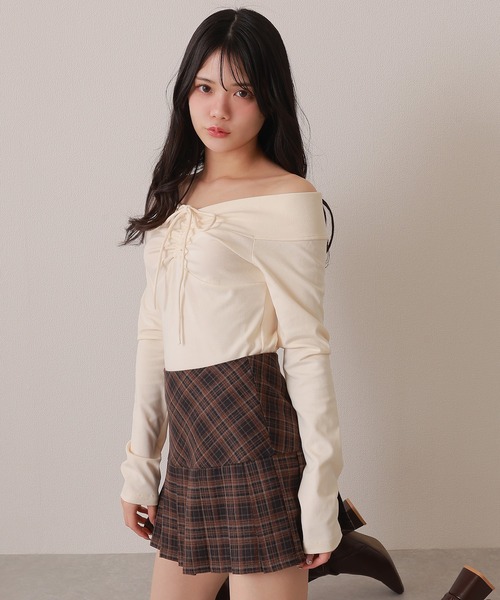 offshoulder shirring ribbon tops/オフショルダーシャーリングリボン