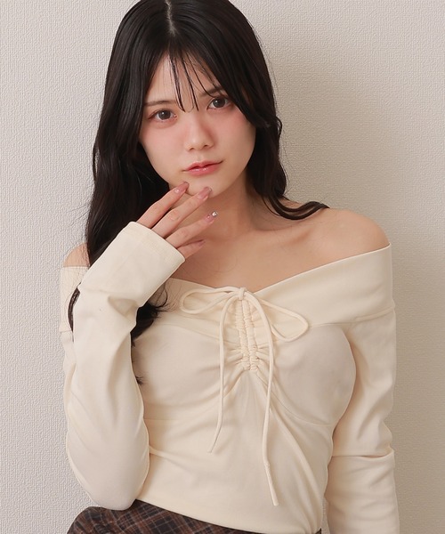 offshoulder shirring ribbon tops/オフショルダーシャーリングリボン