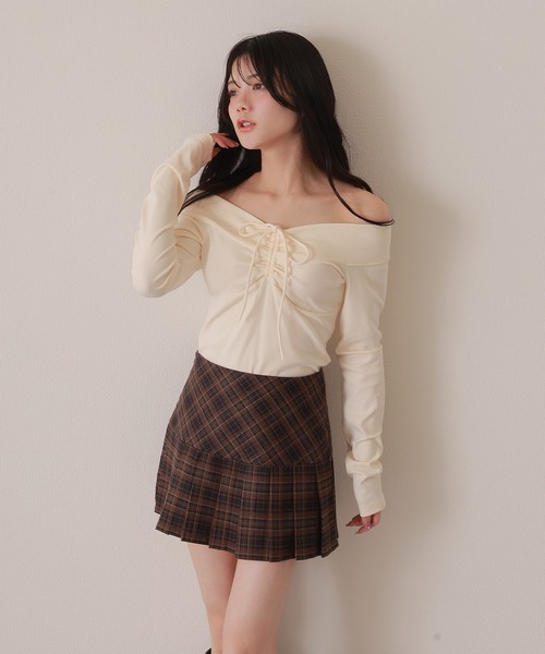 offshoulder shirring ribbon tops/オフショルダーシャーリングリボン