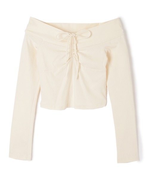 M DOLLY(エムドリー)の「offshoulder shirring ribbon tops/オフショルダーシャーリングリボントップス(Tシャツ/カットソー・レディース・ブラック/アイボリー・S/M)」の10枚目の写真
