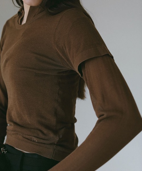 ETRE TOKYO（エトレトウキョウ）の「ハーフスリーブシアーニットプルオーバー（Tシャツ/カットソー・レディース・ブラック/セージグリーン/ブラウン・FREE）」の19枚目の写真