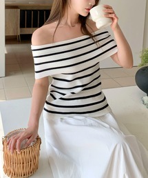 リブニット ワンショル風 オフショルダーノースリニット