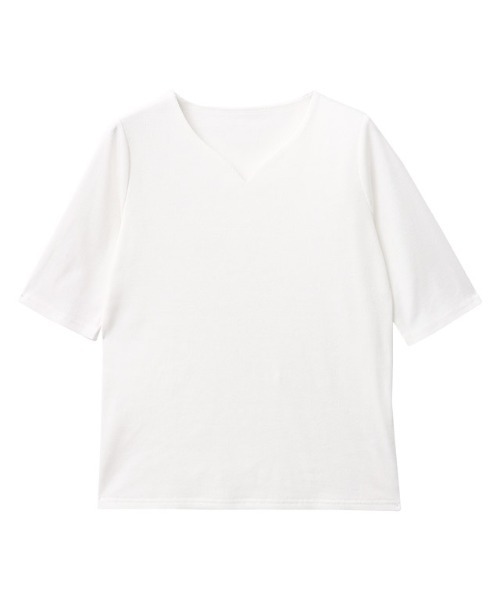 Pierrot(ピエロ)の「キーネック5分袖テレコリブカットソー(Tシャツ/カットソー・レディース・ブラック/ライトグレー/オフホワイト/ネイビー/チャコール/ライトベージュ/チャコールグレー/レッド系その他/ブラック×ホワイト・LL/M/L)」の18枚目の写真