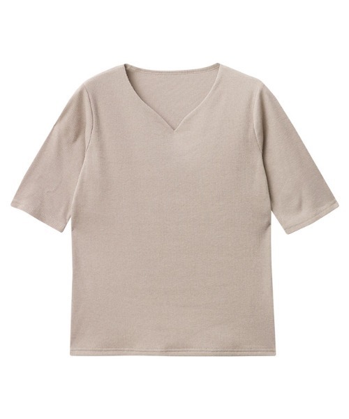 Pierrot(ピエロ)の「キーネック5分袖テレコリブカットソー(Tシャツ/カットソー・レディース・ブラック/ライトグレー/オフホワイト/ネイビー/チャコール/ライトベージュ/チャコールグレー/レッド系その他/ブラック×ホワイト・LL/M/L)」の13枚目の写真
