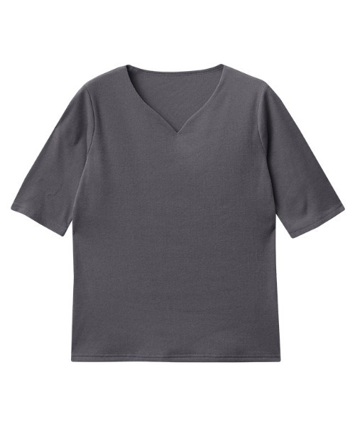 Pierrot(ピエロ)の「キーネック5分袖テレコリブカットソー(Tシャツ/カットソー・レディース・ブラック/ライトグレー/オフホワイト/ネイビー/チャコール/ライトベージュ/チャコールグレー/レッド系その他/ブラック×ホワイト・LL/M/L)」の15枚目の写真