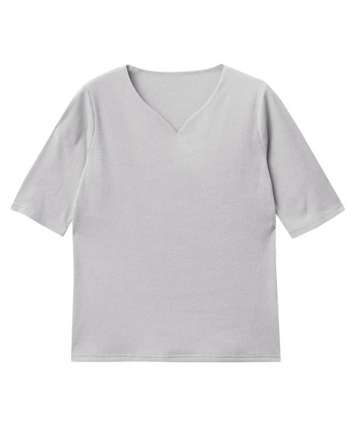Pierrot(ピエロ)の「キーネック5分袖テレコリブカットソー(Tシャツ/カットソー・レディース・ブラック/ライトグレー/オフホワイト/ネイビー/チャコール/ライトベージュ/チャコールグレー/レッド系その他/ブラック×ホワイト・LL/M/L)」の19枚目の写真