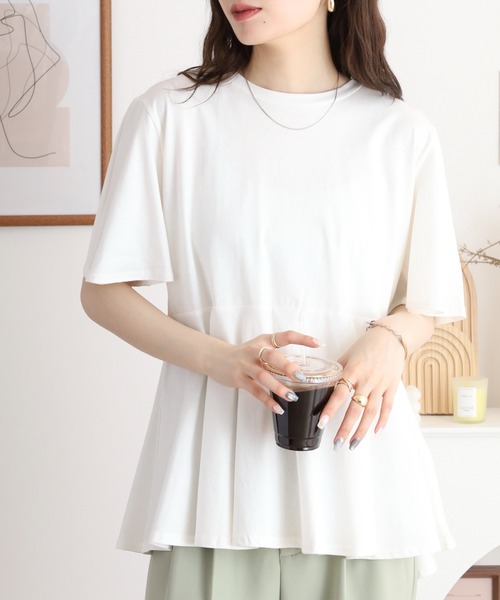 atONE(アットワン)の「フレアヘムショートスリーブトップス(Tシャツ/カットソー・レディース・ブラック/チャコールグレー/ミント/オフホワイト/グレイッシュベージュ・LL~3L/4L~5L/M-L)」の6枚目の写真