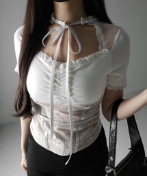 【 2color 】半袖チョーカーネックリボンレーシーカットソートップス / short sleeve choker neck ribbon lacy cutsaw tops