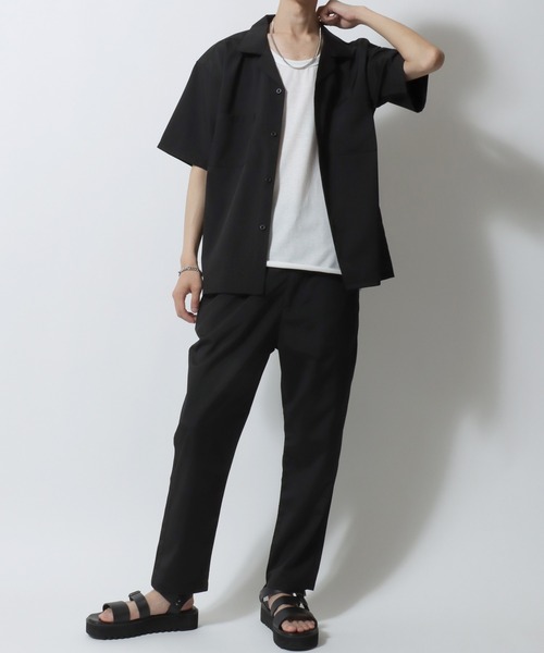 SITRY(シトリー)の「Open Collarr Shirt & Tapered Trousers/ポリストレッチ オープンカラーシャツ&テーパードパンツ セットアップ 上下セット(セットアップ・メンズ・チャコール/ブラック/ベージュ/ネイビー・M/L/XL)」の2枚目の写真