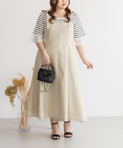 CLETTE(クレット)の「肩リボン配色ステッチワンピース(ワンピース・レディース・ベージュ/ブラック/チャコールグレー・LL/3L/4L)」の1枚目の写真