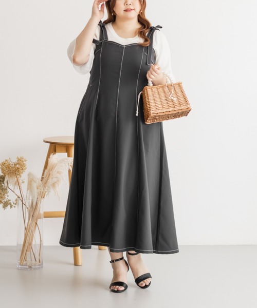 CLETTE(クレット)の「肩リボン配色ステッチワンピース(ワンピース・レディース・ベージュ/ブラック/チャコールグレー・LL/3L/4L)」の3枚目の写真