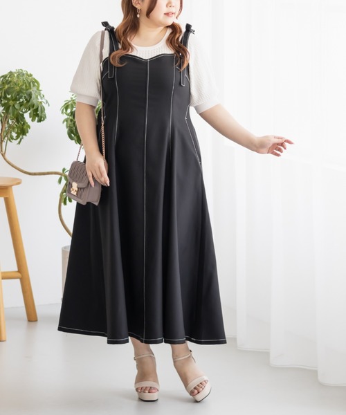 CLETTE(クレット)の「肩リボン配色ステッチワンピース(ワンピース・レディース・ベージュ/ブラック/チャコールグレー・LL/3L/4L)」の2枚目の写真