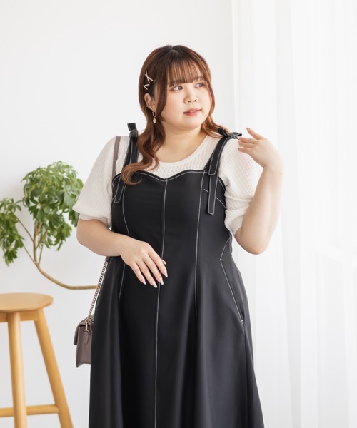 CLETTE(クレット)の「肩リボン配色ステッチワンピース(ワンピース・レディース・ベージュ/ブラック/チャコールグレー・LL/3L/4L)」の6枚目の写真