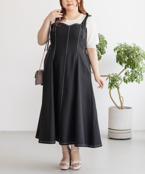 CLETTE(クレット)の「肩リボン配色ステッチワンピース(ワンピース・レディース・ベージュ/ブラック/チャコールグレー・LL/3L/4L)」の4枚目の写真