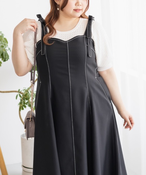 CLETTE(クレット)の「肩リボン配色ステッチワンピース(ワンピース・レディース・ベージュ/ブラック/チャコールグレー・LL/3L/4L)」の5枚目の写真
