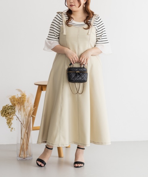 CLETTE(クレット)の「肩リボン配色ステッチワンピース(ワンピース・レディース・ベージュ/ブラック/チャコールグレー・LL/3L/4L)」の12枚目の写真