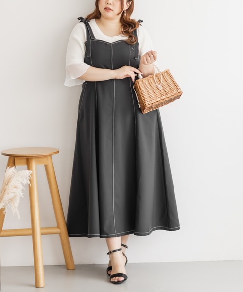 CLETTE(クレット)の「肩リボン配色ステッチワンピース(ワンピース・レディース・ベージュ/ブラック/チャコールグレー・LL/3L/4L)」の8枚目の写真