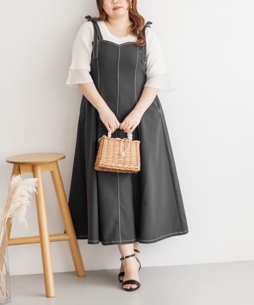 CLETTE(クレット)の「肩リボン配色ステッチワンピース(ワンピース・レディース・ベージュ/ブラック/チャコールグレー・LL/3L/4L)」の9枚目の写真