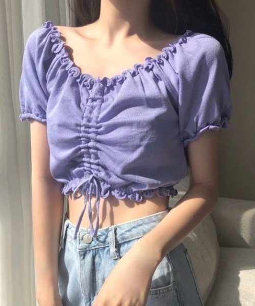 SHEENA(シーナ)の「【2way】フロントドロストメロウフリルニットトップス(Tシャツ/カットソー・レディース・イエロー/ラベンダー/ホワイト/ピンク/ブラック/ライトブルー・M)」の5枚目の写真