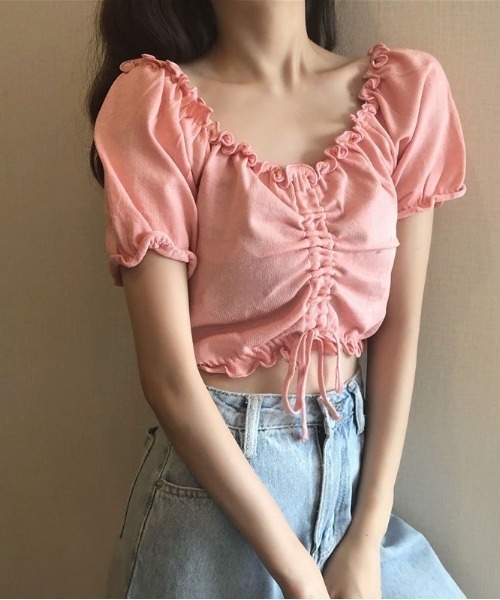 SHEENA(シーナ)の「【2way】フロントドロストメロウフリルニットトップス(Tシャツ/カットソー・レディース・イエロー/ラベンダー/ホワイト/ピンク/ブラック/ライトブルー・M)」の10枚目の写真