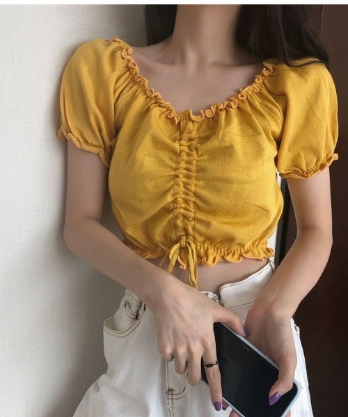 SHEENA(シーナ)の「【2way】フロントドロストメロウフリルニットトップス(Tシャツ/カットソー・レディース・イエロー/ラベンダー/ホワイト/ピンク/ブラック/ライトブルー・M)」の12枚目の写真