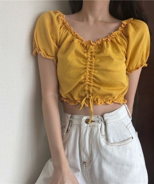 SHEENA(シーナ)の「【2way】フロントドロストメロウフリルニットトップス(Tシャツ/カットソー・レディース・イエロー/ラベンダー/ホワイト/ピンク/ブラック/ライトブルー・M)」の15枚目の写真