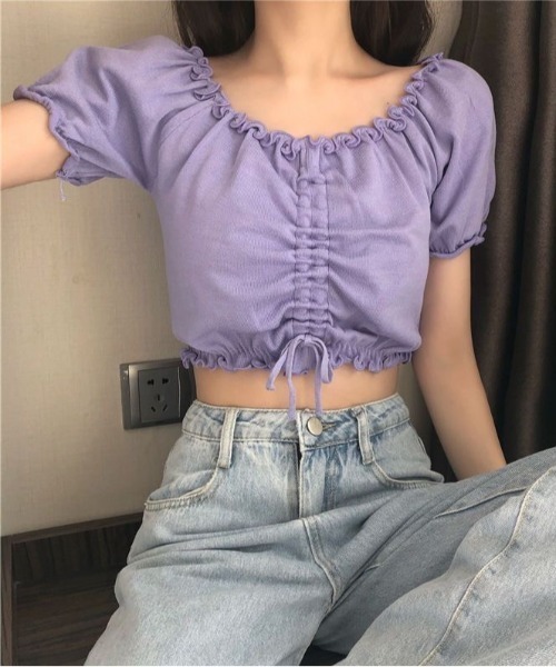 SHEENA(シーナ)の「【2way】フロントドロストメロウフリルニットトップス(Tシャツ/カットソー・レディース・イエロー/ラベンダー/ホワイト/ピンク/ブラック/ライトブルー・M)」の16枚目の写真