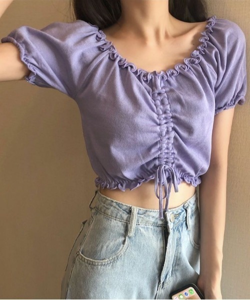 SHEENA(シーナ)の「【2way】フロントドロストメロウフリルニットトップス(Tシャツ/カットソー・レディース・イエロー/ラベンダー/ホワイト/ピンク/ブラック/ライトブルー・M)」の18枚目の写真