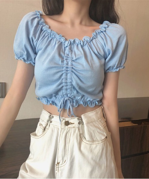 SHEENA(シーナ)の「【2way】フロントドロストメロウフリルニットトップス(Tシャツ/カットソー・レディース・イエロー/ラベンダー/ホワイト/ピンク/ブラック/ライトブルー・M)」の21枚目の写真