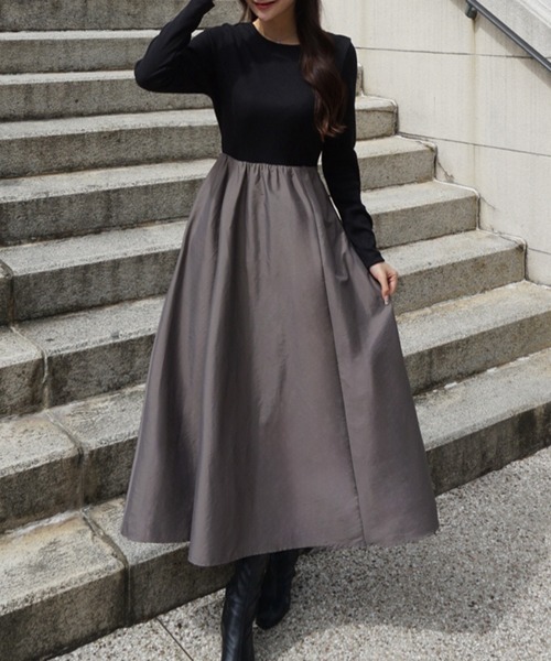 junoah(ジュノア)の「異素材ドッキングバックオープンワンピース(ワンピース・レディース・ライトベージュ/チャコール/ブラック・MEDIUM/SMALL/LARGE)」の1枚目の写真