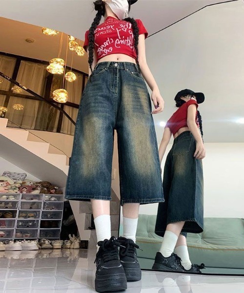 yuue' ( wear )（ユーイ）の「ウォッシュ加工バギーハーフデニムパンツ（デニムパンツ・レディース・ブラック/ブルー系その他/ブルー/ホワイト/ライトブルー・L/M/S）」の15枚目の写真