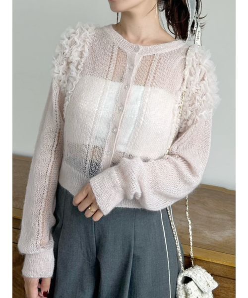 ackaアイボリー　チュールカーディガン Acka チュールニットカーディガン