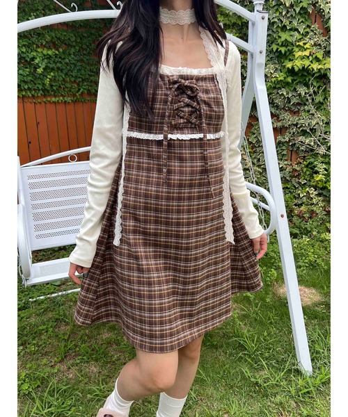 bunnylis ファーボレロ×チェックミニワンピ ブラウン bunnylis ファー