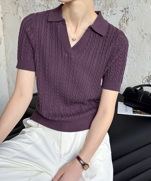 セール】ケーブルポロニット スキッパー ケーブル ニットポロシャツ