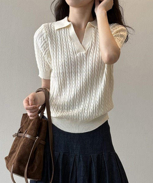 ポロ ケーブルニット 半袖セーター ベージュ Chico ニット セーター ケーブルポロ半袖ニット レディース