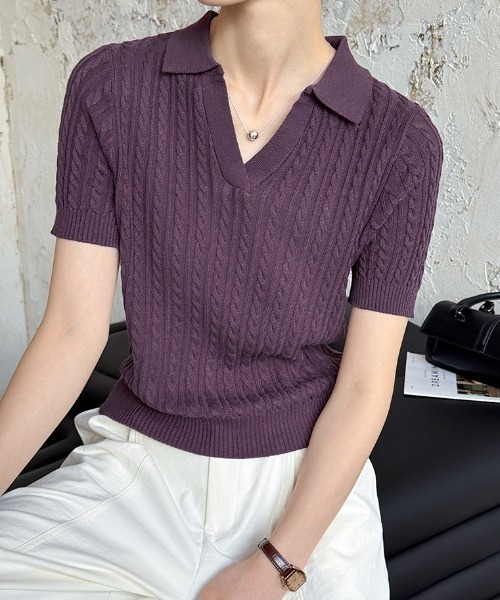 セール】ケーブルポロニット スキッパー ケーブル ニットポロシャツ