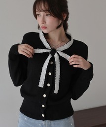 リボン付きブラックニット長袖 ニット/セーター（ブラック/黒色系・リボン）ファッション通販