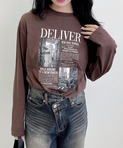 INGNI(イング)の「ニュースペーパープリントロングTシャツ(Tシャツ/カットソー・レディース・ブラウン/オフホワイト/チャコールグレー・M)」の3枚目の写真