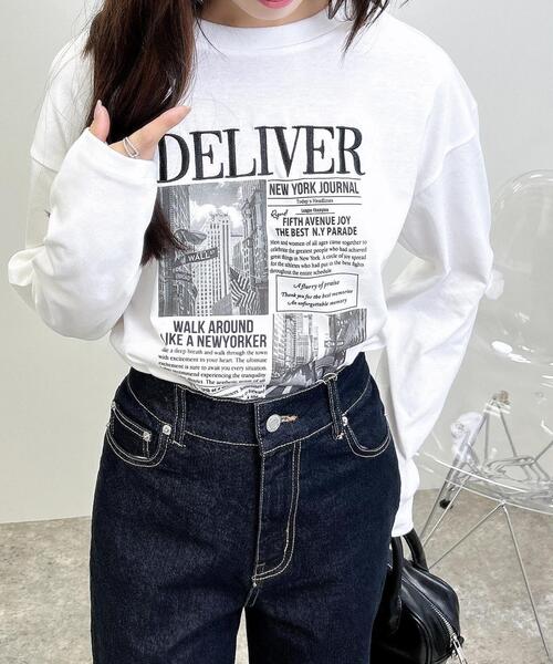 INGNI(イング)の「ニュースペーパープリントロングTシャツ(Tシャツ/カットソー・レディース・ブラウン/オフホワイト/チャコールグレー・M)」の2枚目の写真
