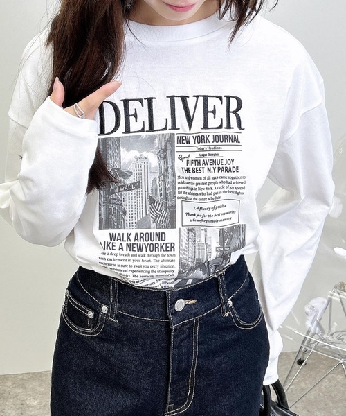 INGNI(イング)の「ニュースペーパープリントロングTシャツ(Tシャツ/カットソー・レディース・ブラウン/オフホワイト/チャコールグレー・M)」の8枚目の写真